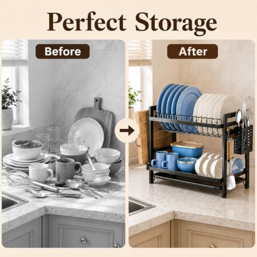 Image of COMFYHOME Utensils Drying Rack, 2-Tier Carbon Steel Dish Drying Rack, Saving Countertop Organizer with Drainboard, Drainer Tray & Utensil Holder,Rust-Resistant Suitable for Plates, Cutlery, Bowls.