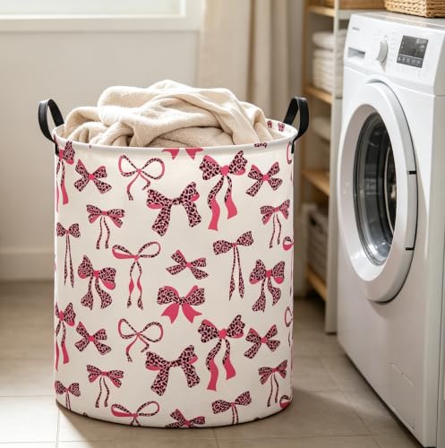 Image of 19.7 inch Laundry Basket,Dirty Clothes Hamper,Waterproof Storage Bin,Room Decor(Leopard Print Bow)