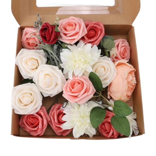 Flor simulada Rose Artificial, Espuma Flor Falsa Suave Flexible de desvanecimiento decoración de Bricolaje, Ramo de Bodas decoración del hogar 18 Piezas (No. 1)