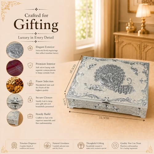 Image of Diviniti Decorative Silver Embossed Dry Fruit Box with 4 Compartments | Premium Ivory Designer Storage Box for Dry Fruits, Nuts, Chocolates & Sweets | Elegant Home Decor & Festive Gift Box