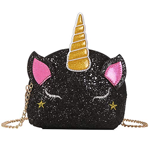 INTVN Bolso Unicornio de Hombro,Brillo Lindo Monedero con Lentejuelasc,3D Bolsa de Mensajero para Mujeres niñas,Del Monedero de Cuero Bolso Negro Cover