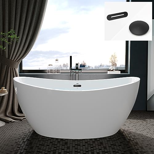 FerdY Naha 59" Acrylic Freestanding Bathtub, Curve Edge Freestanding Soaking Bathtub, Glossy White, cUPC Certified, Matte Black Drain & Matte Black Overflow Included