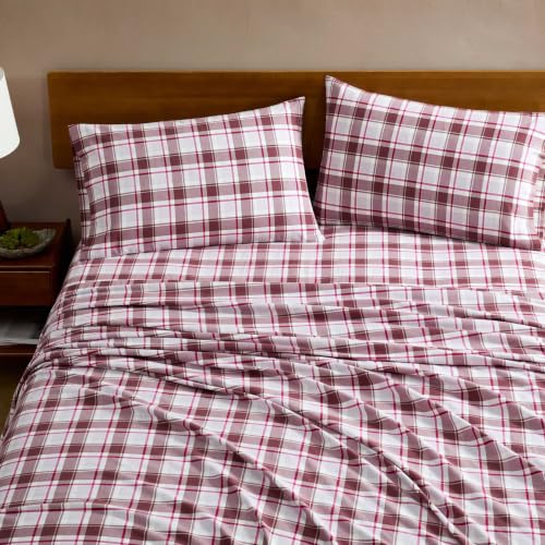 Image of Eddie Bauer - Full Flannel Sheet Set, Soft Brushed Cotton Bedding with Matching Pillowcases, Fully Elastic Fitted Sheet, Deep Pocket Bed Set, Breathable All-Season Comfort (Rugged Plaid Purple)