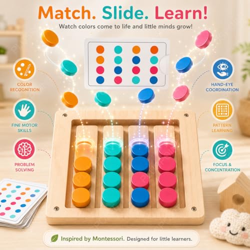 Image of PLUSPOINT Wooden Slide Puzzle Brain Teaser for Kids Ages 4-10 - Colour Matching Board Game, Educational Learning Toy & Travel Activity for Boys & Girls