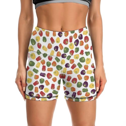 Watercolor Bell Pepper Pattern High Waist Yoga Shorts for Women Athletic Shorts Leggings Running Pants