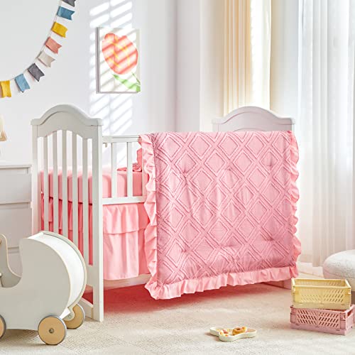 Image of Mini Crib Bedding Set 3 Pieces Baby Boho Quilted Tufted Ruffles Comforter with Fitted Sheet and Ruffled Bed Skirt - Cute Shabby Baby Bedding Fits Mini Crib Only Pink