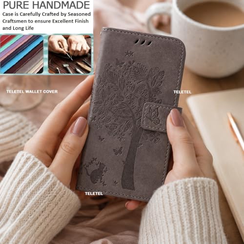 Image of TELETEL for Samsung Galaxy S25 Ultra Premium Vegan Leather Flip Cover | Card Cash Holder Wallet Case | Magnetic Closure (Grey Embossed Tree)