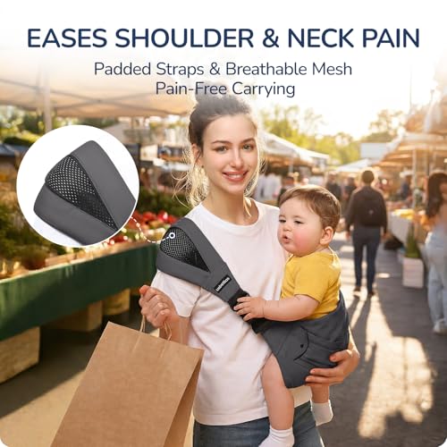 Image of Baby Sling Carrier with Wide Shoulder Padding, 100% Cotton | Adjustable Waist Strap, Ergonomic Hip, Storage Pocket, Hands-Free & Comfortable, for Toddlers 4-36 Months (8-35 lbs)
