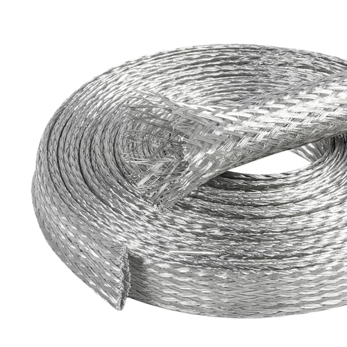 SUNNAREPOON Tinned Copper Wire Shielding Sleeve, Expandable Ground Strap Wiring Braided Sleeving Metal Mesh Sheathing Cabling Wiring Protector (5/16inch - 12ft)