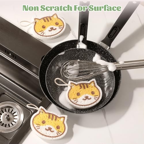 Image of JOYMOOP Cartoon Kitchen Sponge, Cellulose Sponges for Cleaning, 4 Pack Non-Scratch Sponges for Dishes, Reusable Sponge for Household Cleaning - Kitten Pattern