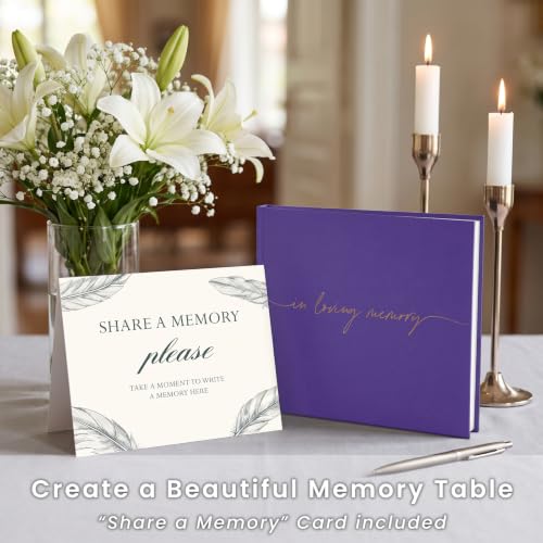 Image of Funeral Guest Book for Memorial Service, in Loving Memory 9x7.5 | 320 Entries, Table Sign Card Included, Gold Stamping, Twill-Textured Paper Cover, Celebration of Life Keepsake, Purple
