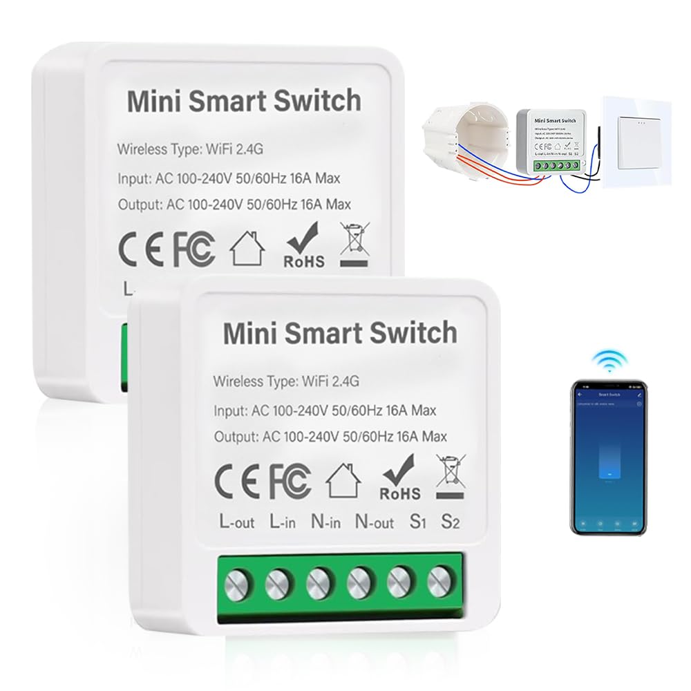 SGZIOO 2Pcs Interruptor Wifi, Interruptor Inteligente Wifi Smart Life Compatible con Alexa y Google Home, Interruptores Inteligentes, Control de App y Función de Temporizador