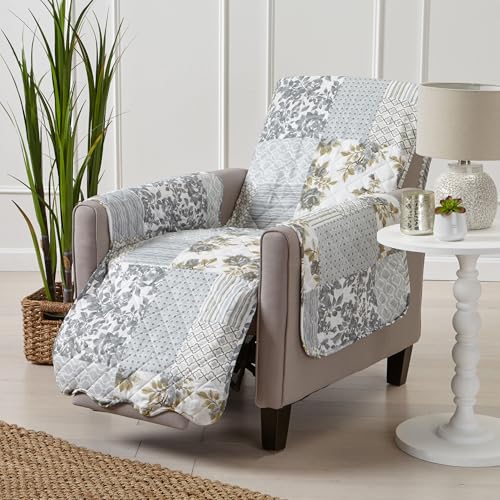 Image of Great Bay Home Reversible Patchwork Recliner Cover - Washable Slipcover Furniture Protector with Elastic Straps - Perfect for Kids & Pets - Box-Stitched Detail (Grey)