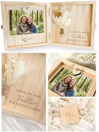 Joli Coon Tochter Geschenk, Holzbox, 14 x 14 x 3 cm | Echte Trockenblumen, Magnet für Foto, Glück ist es eine Tochter wie Dich zu haben, als Erinnerungsbox aufstellbar
