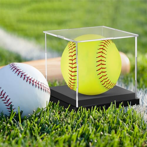 Image of Hooqict Softball Display Case Clear Acrylic Ball Holder UV Protected Softball Case Display Box Championship Square Box for Golf Tennis Game Ball Baseball