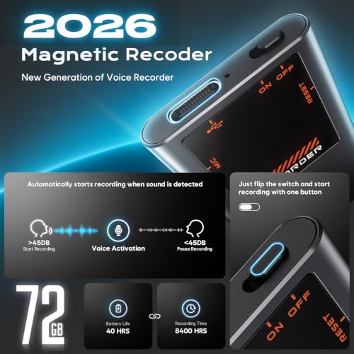 Image of Magnetic Voice Activated Recorder, 72G Dictaphone Recording Device with DSP 5.0-AI Noise Reduction for Lectures Meeting, Digital Voice Recorder with Playback, Classes, Interviews