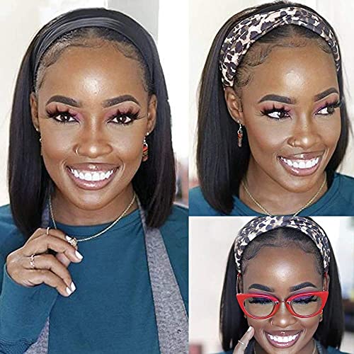 Short Bob Headband Wigs for Women Synthetic Straight Short Bob Headband Wigs Glueless None Lace Front Wig for Daily Party Use Easy to Wear(8 inch,1B)