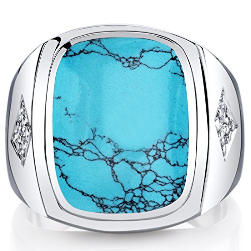 PEORA Men's Simulated Turquoise Knight Signet Ring 925 Sterling Silver, Large 15x12mm Cushion Cut, Size 12, Signet Pinky, Premium Men's Ring w/Jewelry Box, Gifts for Men