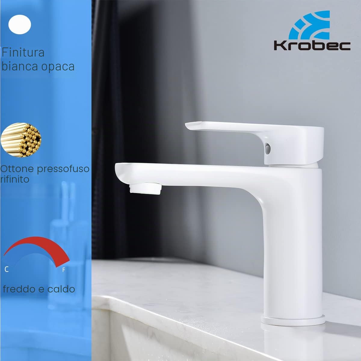 Krobec Rubinetto per Bagno,Rubinetto per Lavabo,Rubinetto Bagno Lavabo, Miscelatore Monocomando per Lavabo,ottone, valvola in ceramica di alta qualità,Attacco UE 3/8″ (Bianco opaco).