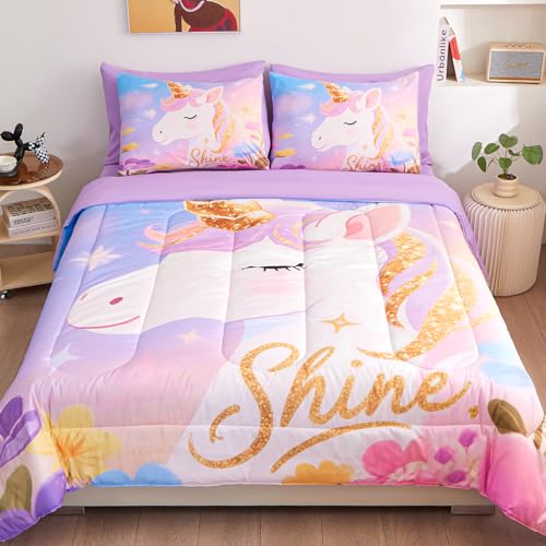 Image of Twin Bedding Sets for Girls 5 Piece,3D Dreamy Lavender Unicorn Comforter Set for Girls, Ultra Soft and Fluffy, Rainbow Bed in a Bag with Comforter Sheets Pillowcase & Sham