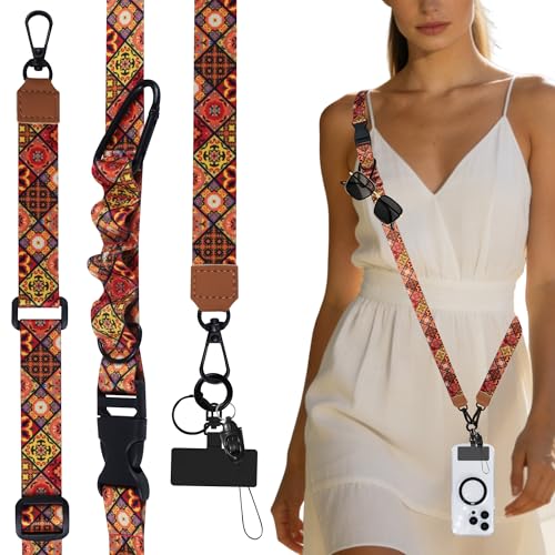 Image of lukasuo 2-in-1 Phone Lanyard Crossbody,Adjustable Phone Strap for Women,Cute Breakaway Lanyard for ID Badges,Keys,with Tether Tab (Orange Bohemian Style)