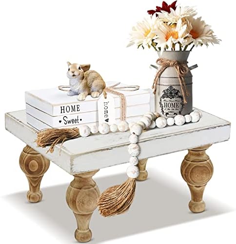 Ameuphercy Decorative Tray Riser Display Stand for Coffee Bar Table Decor Rustic Centerpiece Tray Counter Organizer for Kitchen Farmhouse Pedestal Stand Farmhouse, White with Brown
