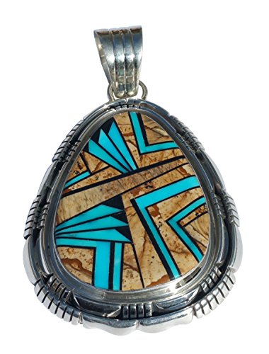 Skyway Handmade Collectible Picture Jasper Pendant Inlaid W/Stabilized Turquoise & Onyx Native American Jewelry #TOP13