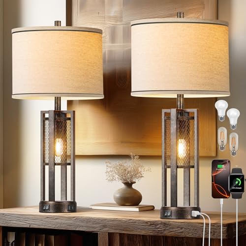 28'' Farmhouse Industrial Table Lamp Set of 2 - Rustic Bedside Nightstand Lamps with Dual USB A+C Ports, Bronze Metal Mesh Nightlight Desk Lamps for Bedroom Living Room, 4 LED Bulbs Included