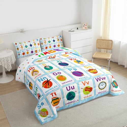 Image of Feelyou Alphabet Bedding Set Queen Size, ABC Alphabet Comforter Kids Toddler Learning Time Comforter Set Educational Learning Duvet Set Microfiber Bed Set