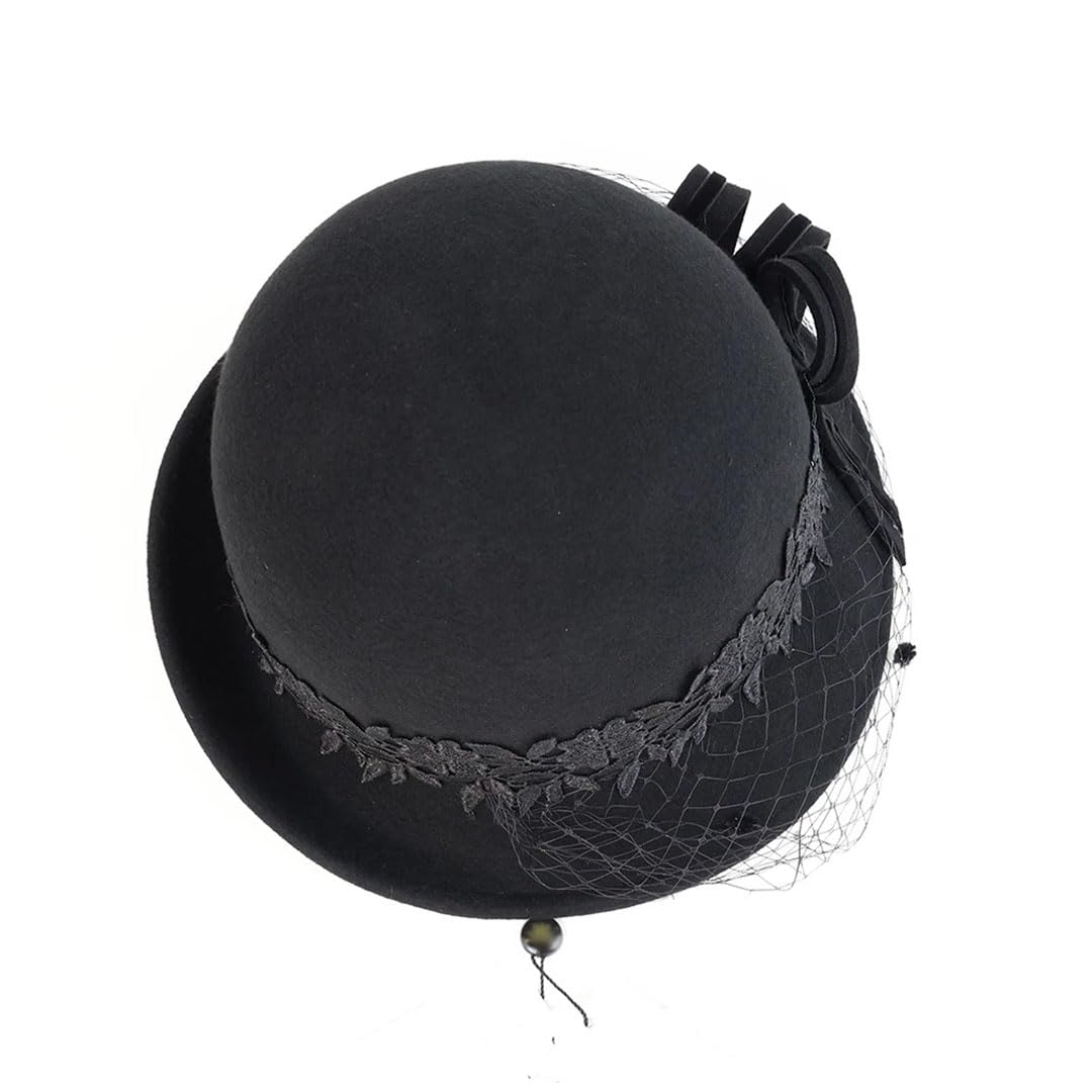 Wvapzxx Elegante cappello a bombetta per le donne inverno feltro di lana Fedora con velo pizzo fiore chiesa matrimonio formale cappello