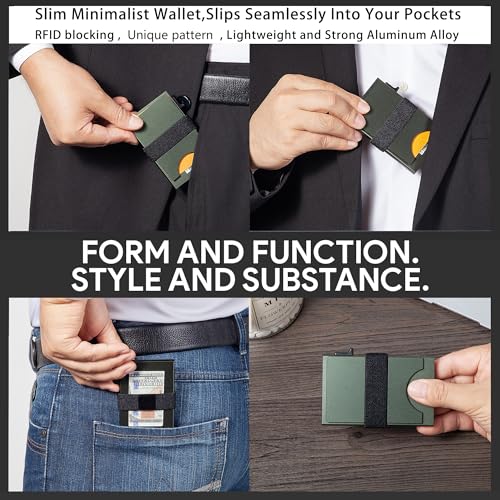 Image of Card Holder Wallets for Men | Slim Aluminum Wallet | RFID Blocking Minimalist Metal Pop Up Wallet | Money Clip & Cash Band | Expandable Compact Plate | Men's Accessories & Gifts for Men,Army Green