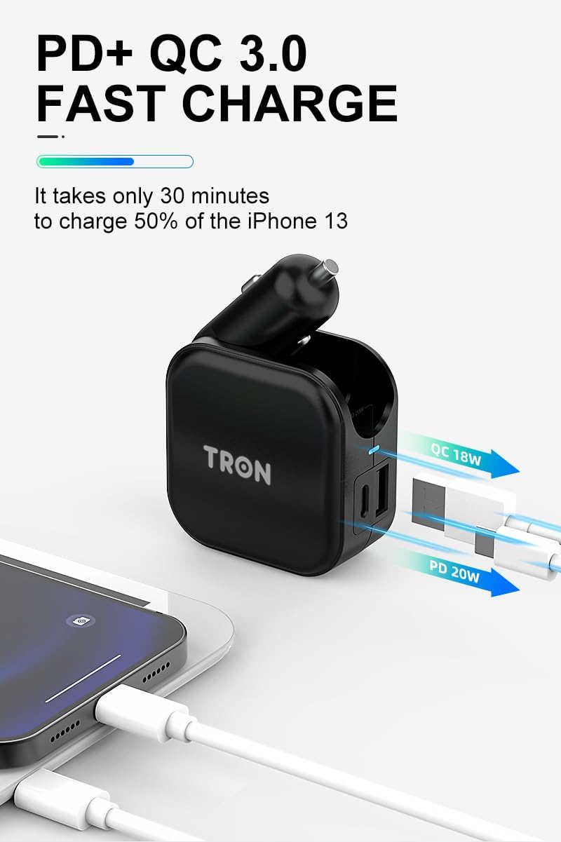 TRON Wall & Car Charger Travel Charging Station, 36W Dual USB-C & USB-A Fast Charger, Foldable for iPhone, iPad, Samsung Galaxy S22/S21, AirPods – TR17