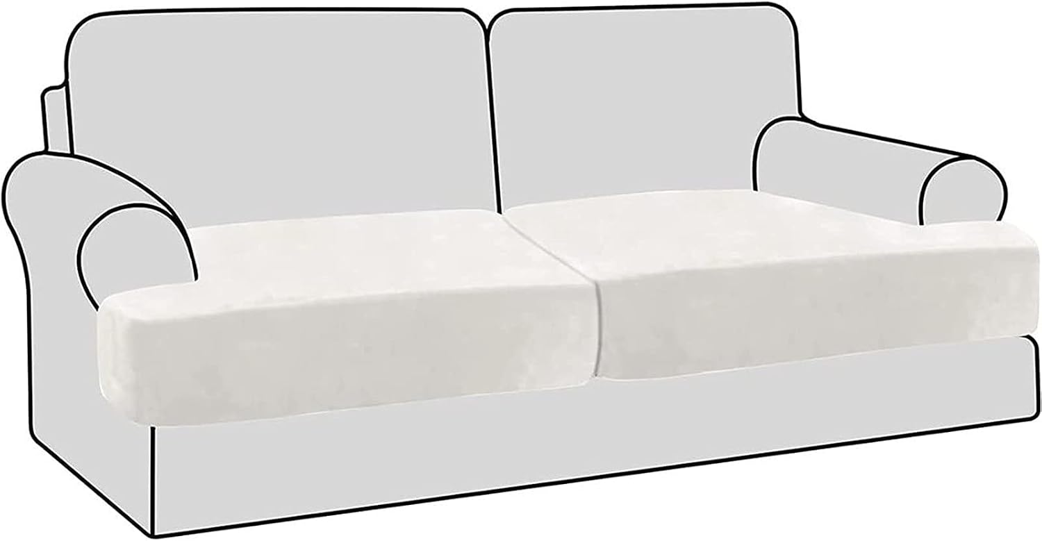 Stretch Velvet Non-Slip 2 Piece Sofa Couch Removable Sofa Seat Covers T Cushion Cover with Elastic Bands, Washable Furniture Slipcovers Protector for Kids Pets (Color : Off White)