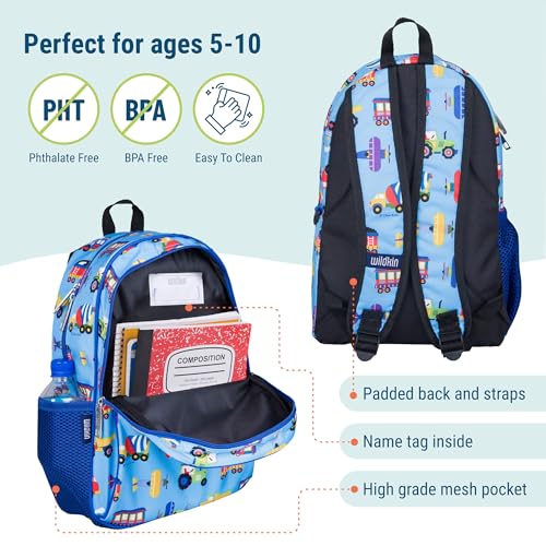 Image of Wildkin 15 Inch Backpack for Kids, Trains, Planes, and Trucks | Ages 5-10, padded straps, side water bottle pocket - coordinates with matching Wildkin lunch boxes and water bottles