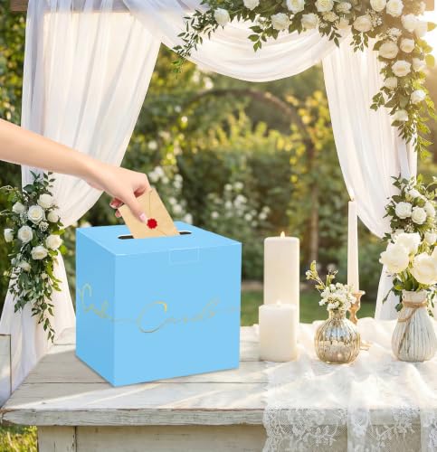 Image of HEIPINIUYE Light Blue Wedding Card Box with Gold Foil 9.8 inch x 9.8 inch Blue Large Gift Card Box for Party Wedding Reception Graduation Birthday Baby Shower Cardboard Raffle Envelope Box with Slot