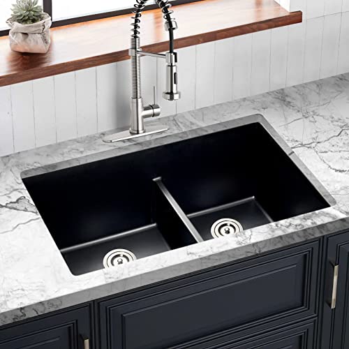 Black Kitchen Sink - Enbol 31"X18" Granite Composite Undermount Kitchen Sink Double Bowl 10" Deep Sink Gds-3118-B #TOP6