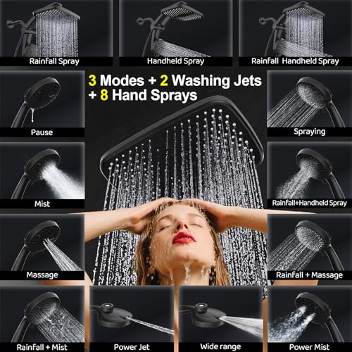 Rain Shower Head with Handheld High Pressure Rainfall Shower Heads with Handheld Spray Combo Adjustable one-Piece Stand daul Shower Head Built-in Magnetic Docking and Power Jets(Black) by Razime - Image 3