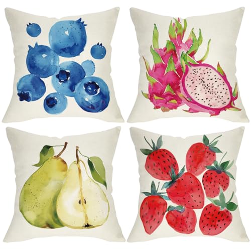 Fjfz Watercolor Fruits Decorative Throw Pillow Covers 18 x 18 Set of 4, Blueberry Pear Dragon Fruit Strawberry Porch Outdoor Home Decor, Spring Summer Farmhouse Sofa Couch Cushion Case