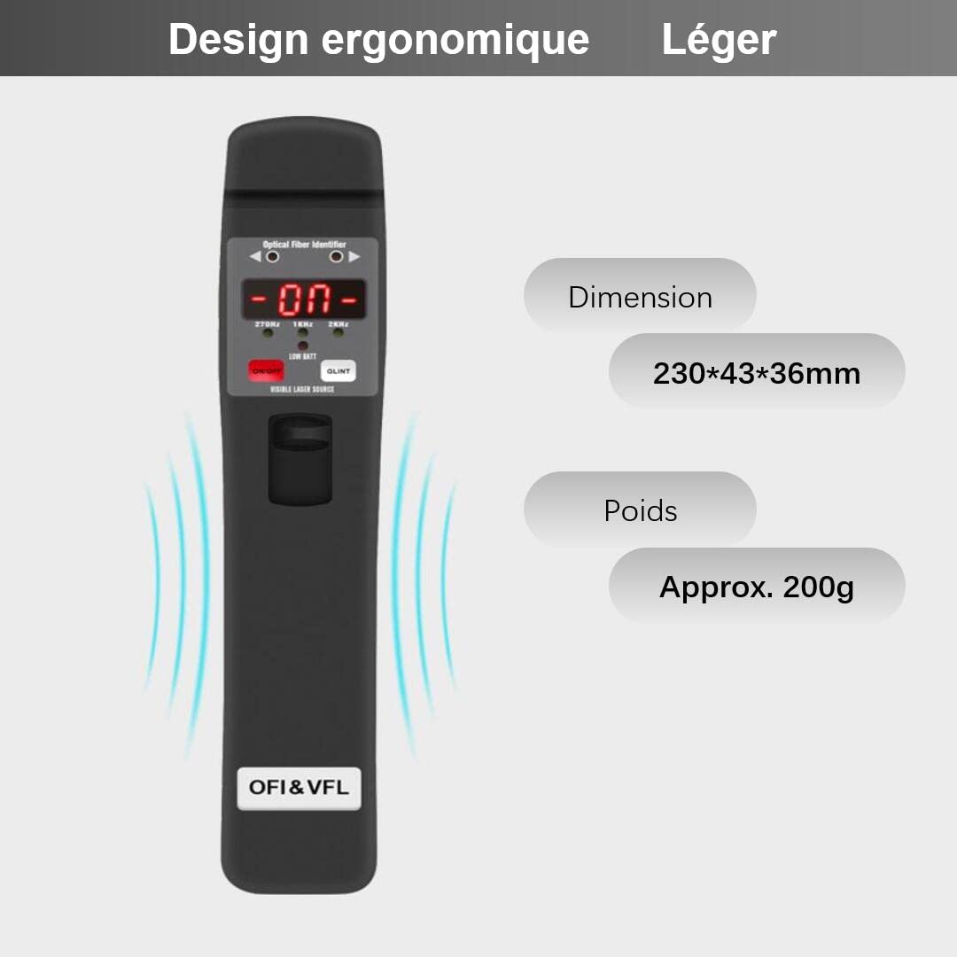 Identificateur de fibre optique avec localisateur visuel de défaut pour fibre de 0,25 mm 0,9 mm 3,0 mm, Live Optical Fiber Identifier 800-1700 nm une opération clé（TMOFI-401）
