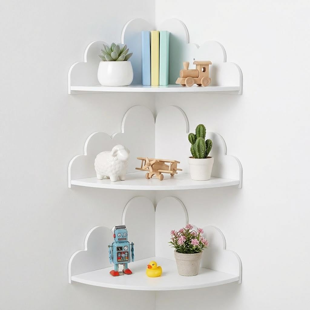 Cloud Floating Corner Shelves - Set of 3 Cloud Corner Wall Shelves for Kid’s Room White Floating Shelf Nursery Wall Deor Small Cute Clouds Dispaly Shelf for Toys Plants & Storage