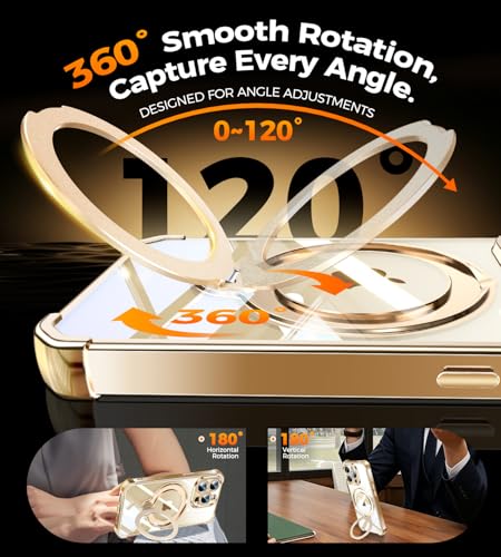 Image of Soft Case for iPhone 15 Pro with 360 Rotating Magnetic Stand, Compatible with Mag-Safe, 4X MIL-Drop Protection, Lightweight Glossy Anti-Yellowing Clear Back Phone Cover for iPhone 15 Pro 6.1 inch, Gold