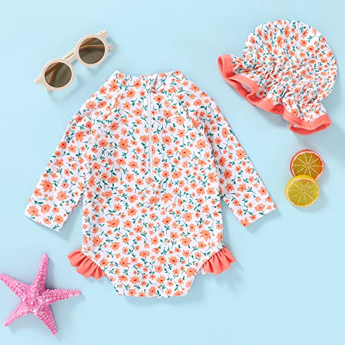 Infant Baby Girl Swimsuit One-Piece Long Sleeve Rash Guard With Hat Set Floral Zipper Bathing Suit Leopard Beach Wear(Orange, 6-12M) #TOP2