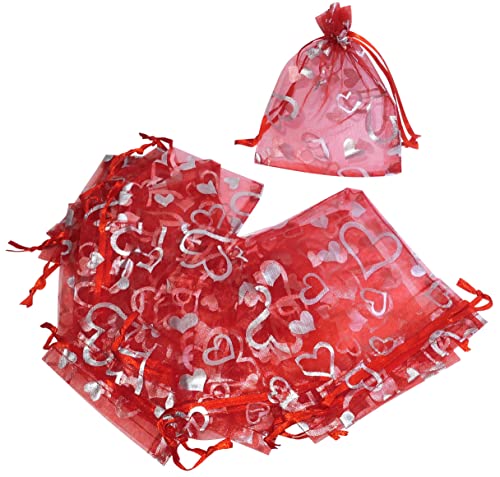 AERZETIX - C53810 - Lot de 10 bourses/sacs-pochettes/sachets en organza à motifs cœurs argentés cadeaux/bijoux/cosmétique 100x120 mm - fermeture par cordon de serrage - Rouge