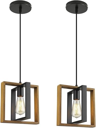Lámpara colgante negra moderna, lámpara colgante ajustable, luces colgantes para isla de cocina (2 paquetes de luz colgante de madera y metal)