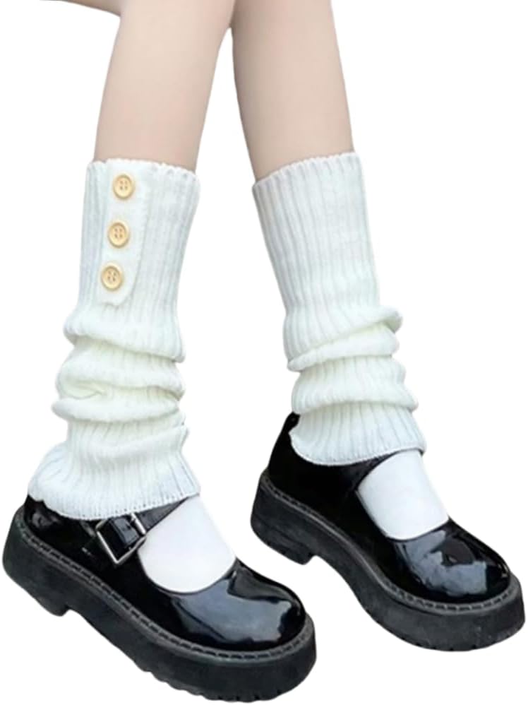 Wood Button Knit Leg Warmers for Women Y2K Leg Warmers Lolita Ankle Heap Socks Kawaii Harajuku Long Leg Socks Cover