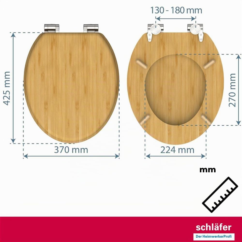 Schläfer 4637153 | Sedile Copriwater Universale Bambus con chiusura Softclose wc Automatica, Tavoletta Bamboo in Legno con Cerniere Regolabili, Copri Wc in Vero Bambù Forma Ovale.