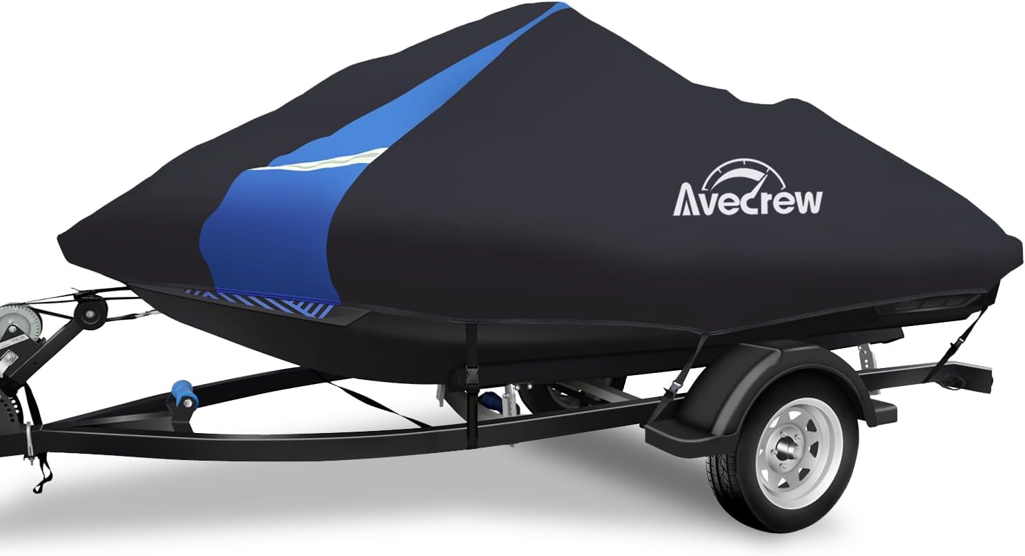 Avecrew Jet Ski Cover Waterproof - 250D Trailerable PWC Cover Fits Yamaha Seadoo Kawasaki Personal Watercraft Boats with Two Air Vents| Length Range: 135'' to 145''