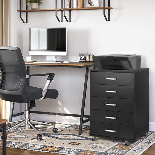 Tusy 5 Drawer Dresser, Wood Chest With Wheels, Storage Drawers For Bedroom, Living Room, Office, Black #TOP5