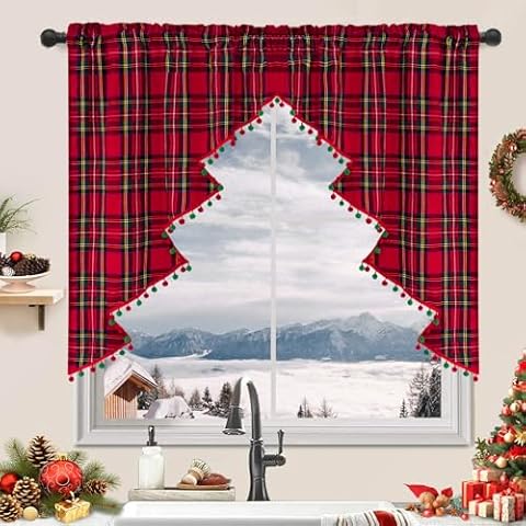 FRAMICS Christmas Tree Valance with Red and Green Pompom Buffalo Plaid Christmas Swag Valance with Tassel Red Christmas Valance for Windows Rod Pocket Swag Valance for Kitchen, 52" W x 36" L, 1 Panel Cover