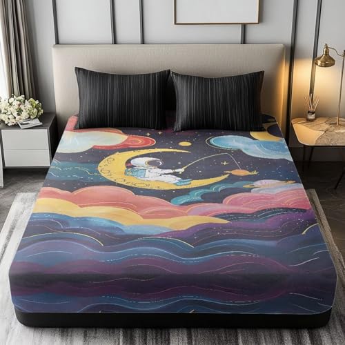 ZOUTAIRONG Twin Fitted Sheet Durable Kids Fitted Sheets Ultra Soft & Breathable Anti Slip Elastic Bed Sheets Astronaut Stars Design Washable Fitted Sheet for Boys, 39 x 75 in